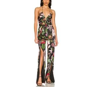 Katie May Black Floral Jumpsuit SMALL Cocktail Party Wide Leg Split Hem $285 NEW